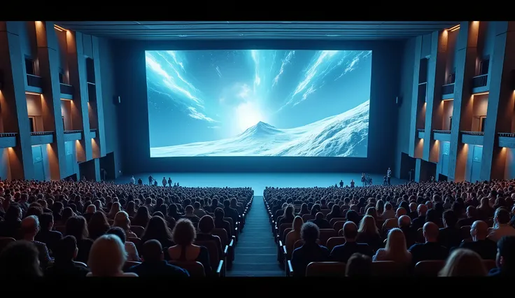 arafed view of a movie theater with a screen and people, cinematic imax shot, expansive cinematic view, sci - fi film still, imax 35 mm footage, 3 5 mm imax, cinematic view from lower angle, cinematographic wide angle shot, in a scifi movie, cinematic view...