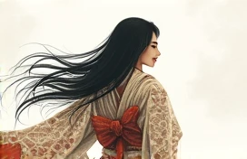 A woman wearing multiple layers of traditional Japanese clothing、Long Hair, Look at, smile, Smiling with teeth showing, Slanted Eyes, Rear view, Blurred, Ukiyo-e, One girl, evil, 