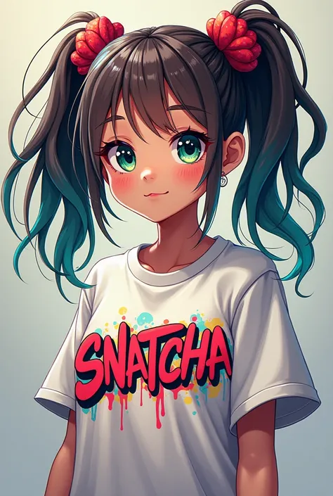 Anime girl with rainbow dreadlocks in pigtails, wearing a t-shirt that says SNATCHA in a graffiti style