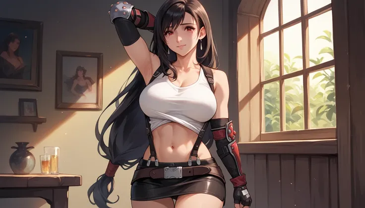 The painting style of the Sixteenth Night of Vegetarianism, (Score_9, Score_8_up, Score_7_up), (Best Quality, masterpiece),perfect aninomy,(Midea,very Midea),Official Style, (Ultra-high resolution), One girl, Tifa Lockhart, Final Fantasy,(Beautiful woman)....