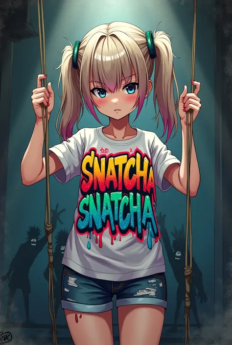 Anime girl on puppet strings with a t-shirt that says SNATCHA in graffiti style writing 