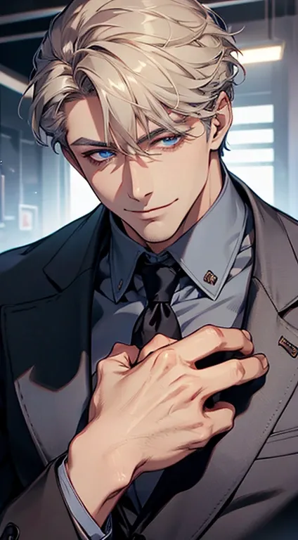 a mature man, very handsome, short grey golden hair, beautiful blue eyes, perfect detailed face, buttoning his jacket, CEO, smiling in love, cinematic lighting, 1:4 HDR, photorealistic, ultra detailed, 8K, best quality, masterpiece