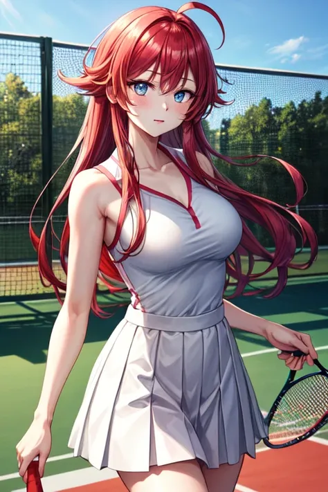 High resolution, masterpiece, 最High image quality, High resolutionモデル, High image quality, 超High resolution, Textured skin, Redhead, Long Hair, Ahoge, Large Breasts, blue eyes, High resolution、Animation Style、girl、Tennis court、White tennis uniform