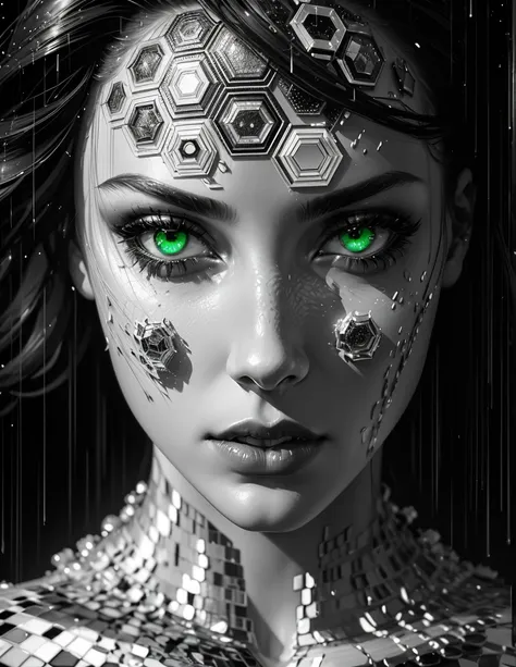 A captivating and innovative art piece that showcases a stunning portrait of a woman in hexagonal mosaic 3D form. The black and white portrait exudes elegance, with the womans green eyes as the focal point, drawing the viewer in. Ruby red lips. Surrounding...