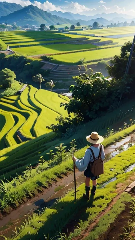 Rice terraces,countryside,Granny Gundam,Doing farm work