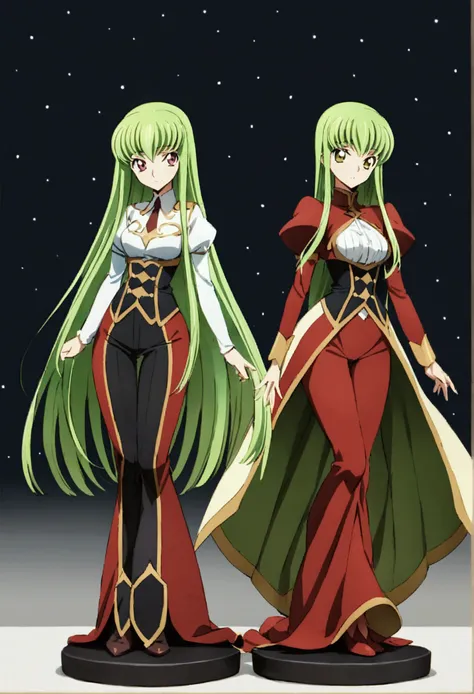 Three of her. Mirroring Clone C.C. Three of C.C. Anime girls code geass C.C. lamp clock. ,long light green hair,to become uniform unique umber color eyes, I smile, Simple background, Great job, precise, Anatomy is correct, Best quality,   Side view looking...