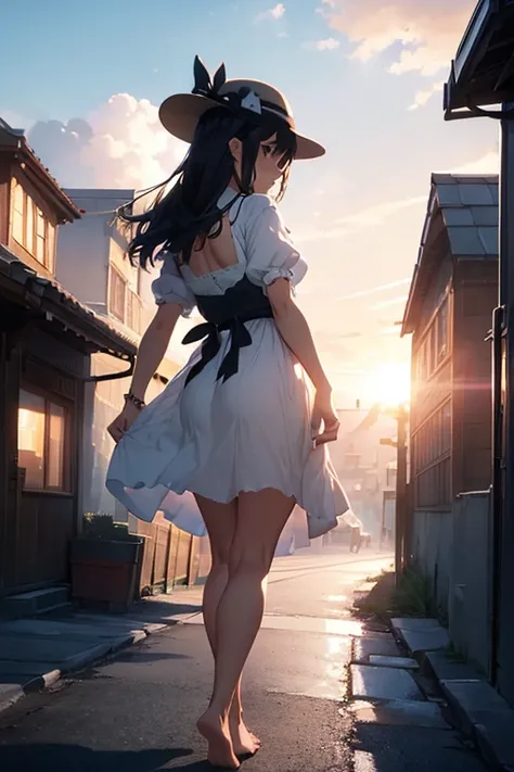 dramatic light, dramatic lighting, cinematic, anime scenery, Makoto Shinkai, Ghibli, Fantasy world, magic, beautiful sky, cloud, construction, walking on the street, bird, dramatic lighting, cinematic lighting, hot sun, {{variable name}}, Depth of written ...