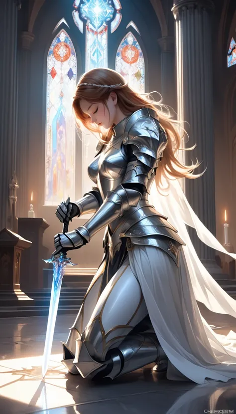 masterpiece,Best Quality,Absurd,((Holy Knight))A woman wearing silvery beautiful armor,In the holy white light,Cathedral,Cowboy Style Photos,Crystal Holy Sword,Great Sword,Luminous sword tip,The tip of the sword points downwards,Holding the handle with bot...