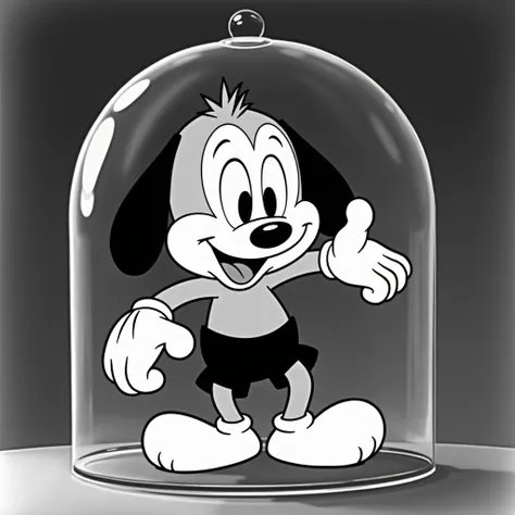 "Bimbo is a classic black-and-white cartoon character from the 1930s, with a rubber hose animation style. He is an anthropomorphic dog with a round, simple face, wide expressive eyes, and a small oval nose. His body is round and short, with long and thick ...