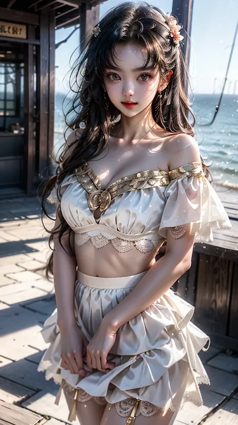 One beautiful girl、Cute、Round face、Big eyes、Droopy eyes、Fair-skinned beautiful girl。Her hair is a platinum gold bob.。The outfit is a white see-through lace top with a floral pattern.、The skirt is made of a lot of white see-through lace and has a small flor...