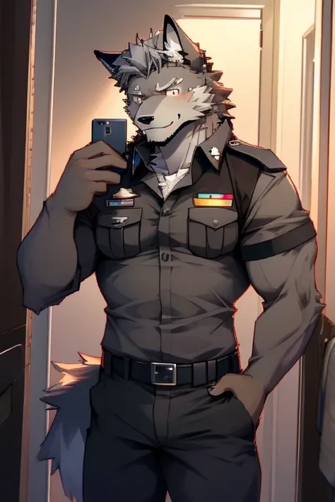 A Top body Picture And Right Side Picture of A Super Muscular Furry style Gray Wolf. he is wearing A Brown Police Outfit Uniform. he is standing in the background. blushes on his face, little spikey hair, little messy hair, gray hair, Ear Blush, Excited, H...