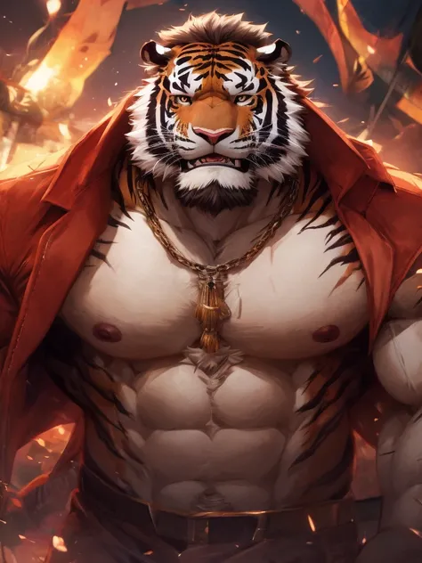 a furry tiger, long beard, ,Bare chest, Big breasts, Big body, ((tiger)), ((White Tiger)),  furry art, whole body, Mature, [high, [Father, muscular, round face, ((No coat)), ((Berserker)), scar body, (scar), naked body, many scars on body, scar face, grow ...