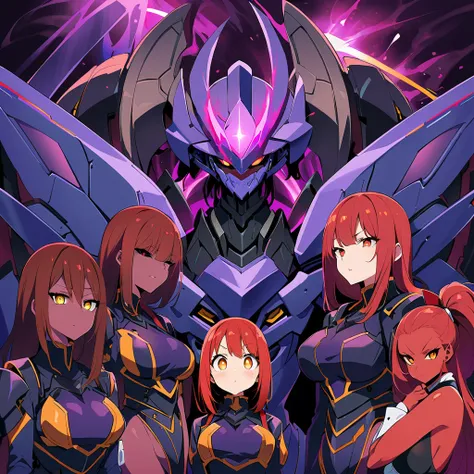 Anime, high detailed, multiple womans, mature womans, indigo mecha armor, large mechanical wings, evil grin, large clawed Gauntlet, red skin, curvy body, long mechanical tail,black sclera、Colored sclera、crimson Colored skin、Yellow Eyes, elongated pupils,  ...