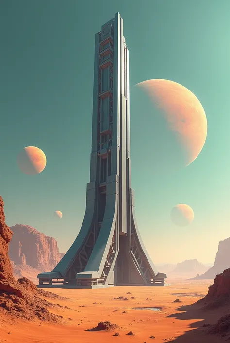 A watchtower in the middle of the desert. The tower is made up of metal and it has a very futuristic look. The desert is vast. In the sky planets and two suns can be seen