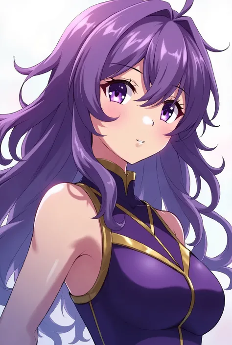 Create a feminine  wavy purple hair anime girl with light violet eyes with no freckles, absolutely clean skin, medium complexion, with a waist and wearing a hero outfit