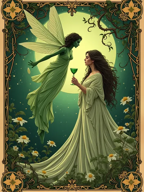 A vintage absinthe poster in the style of early 1900s French Art Nouveau. A green fairy with wings is floating above a mysterious woman wearing a flowing robe and holding a glass of absinthe. The woman has long, wild hair. The background contains ornate, o...