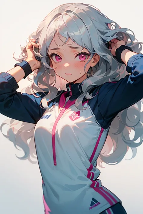 ((The best quality)), ((masterpiece)), (DETAILED),(4k) 1 girl, ((sportswear)), ((adjusted)), ((wavy hair)), ((silver hair)), ((Beautiful hair)), ((pink eyes)), (sweating), (1 ), ((looking at the viewer)), ((front view)), ((hands in her hair)) 