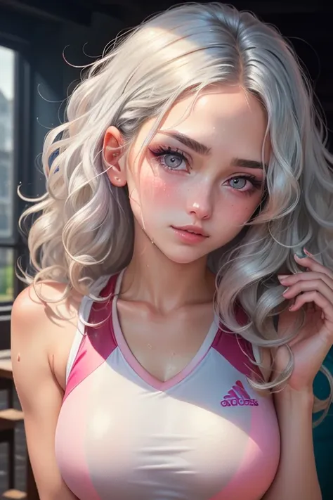 ((The best quality)), ((masterpiece)), (DETAILED),(4k) 1 girl, ((sportswear)), ((adjusted)), ((wavy hair)), ((silver hair)), ((Beautiful hair)), ((pink eyes)), (sweating), (1 ), ((looking at the viewer)), ((front view)), ((hands in her hair)) 