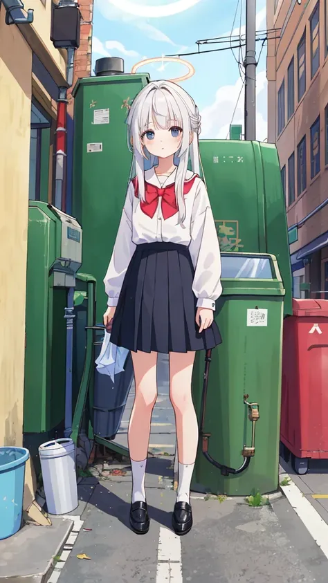 ((masterpiece, Best quality)),A girl, Solitary, skirt, Standing, Halo, alley, outdoor, Bangs, white skirt, White hair, Long hair, Black shoes, Industrial Pipes, Looking at the audience, air conditioner,Dark Lights, Rubbish, Rubbish bin, Huaxiahua 2011 