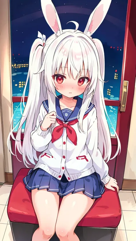 Anime Girl，White hair，Rabbit ears, Red Eyes, blushing, School Uniform