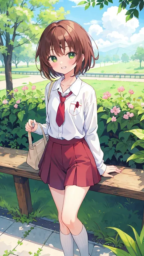 masterpiece, highest quality, Best quality, 1 Girl, Solitary, Looking at the audience, , Tezuka Rin, (Armless amputee:1.2), Brown hair, collar, collared shirt, (Double amputee:1.2), Green eyes, Katawa Shoujo, Red tie, shirt, Short hair, Solitary, white shi...