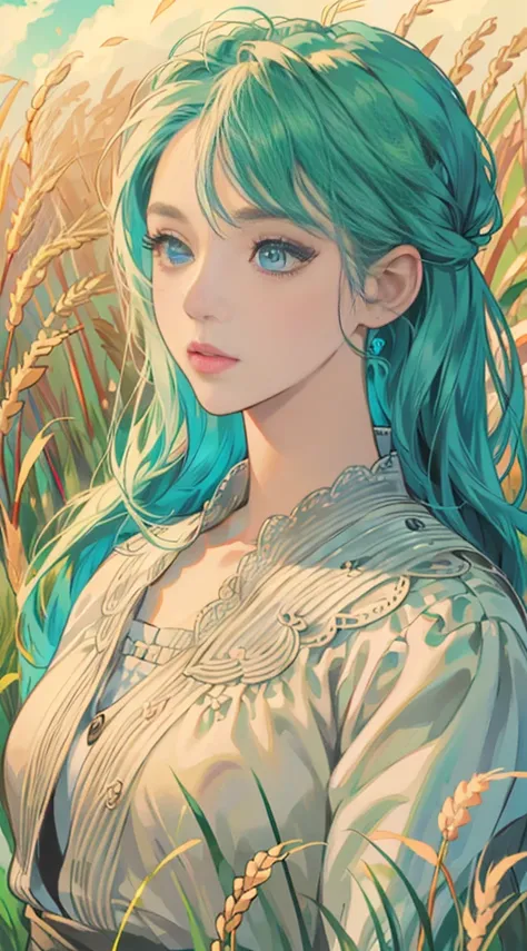 a girl in a wheat field, bright blue sky, looking up at the sky, anime style character, highly detailed, photorealistic, 8k, masterpiece, hyper HD, beautiful detailed eyes, beautiful detailed lips, extremely detailed face and features, long eyelashes, ethe...