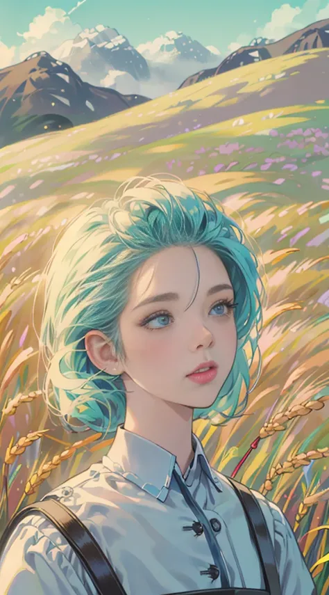 a girl in a wheat field, bright blue sky, looking up at the sky, anime style character, highly detailed, photorealistic, 8k, masterpiece, hyper HD, beautiful detailed eyes, beautiful detailed lips, extremely detailed face and features, long eyelashes, ethe...