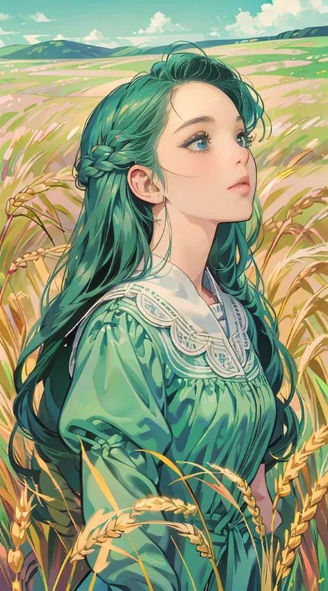 a girl in a wheat field, bright blue sky, looking up at the sky, anime style character, highly detailed, photorealistic, 8k, masterpiece, hyper HD, beautiful detailed eyes, beautiful detailed lips, extremely detailed face and features, long eyelashes, ethe...