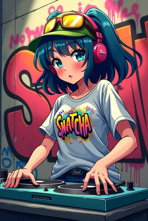 Anime girl playing the turntables with a graffiti stlye t-shirt that says SNATCHA 