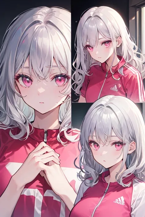 ((The best quality)), ((masterpiece)), (DETAILED),(4k) 1 girl, ((sportswear)), ((adjusted)), ((wavy hair)), ((silver hair)), ((Beautiful hair)), ((pink eyes)), (sweating), (1 ), ((looking at the viewer)), ((front view)), ((hands in her hair)) 