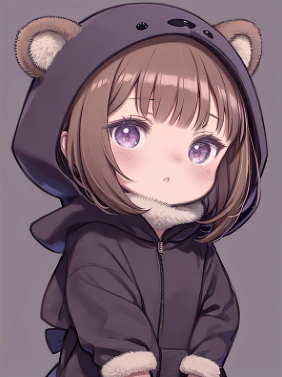 bangs bangs、bangs、Wide, expressive bangs、Long brown hair、Wearing a dark brown bear hood、Long brown hair Chibi Character、Wearing a dark brown bear ear hooded blanket、Purple eyes、Purple betta background、Chibi Character、Holding a teddy bear、Bear face hood,Bea...