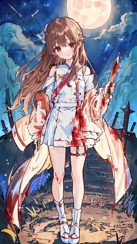 8K,(Asuna(Star): 1.6),A girl, Solitary,(Perfect Anatomy:1.43), (Medium Length Hair:1.55) ,(Half:1.45),Bangs, Brown eyes,Beautiful eyes,(Sad smile:1.3),White knee socks,(Brown hair:1.6),Blood-soaked boots,(1:1.5),whole body,(血白银whole body铠甲与染血长斗篷的融合:1.63),(...