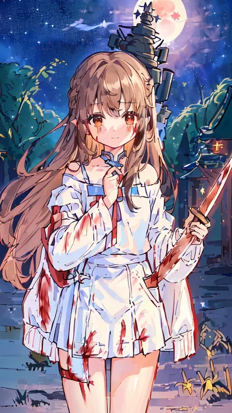 8K,(Asuna(Star): 1.6),A girl, Solitary,(Perfect Anatomy:1.43), (Medium Length Hair:1.55) ,(Half:1.45),Bangs, Brown eyes,Beautiful eyes,(Sad smile:1.3),White knee socks,(Brown hair:1.6),Blood-soaked boots,(1:1.5),whole body,(血白银whole body铠甲与染血长斗篷的融合:1.63),(...