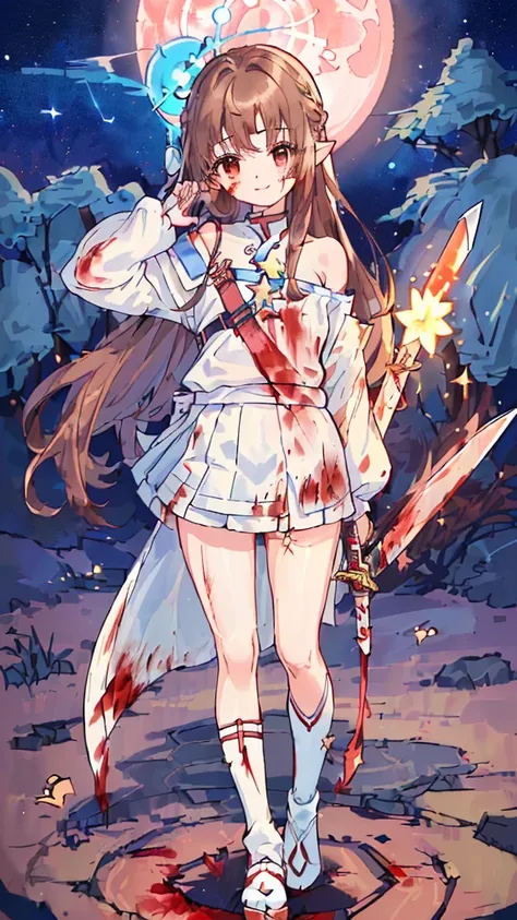 8K,(Asuna(Star): 1.6),A girl, Solitary,(Perfect Anatomy:1.43), (Medium Length Hair:1.55) ,(Half:1.45),Bangs, Brown eyes,Beautiful eyes,(Sad smile:1.3),White knee socks,(Brown hair:1.6),Blood-soaked boots,(1:1.5),whole body,(血白银whole body铠甲与染血长斗篷的融合:1.63),(...