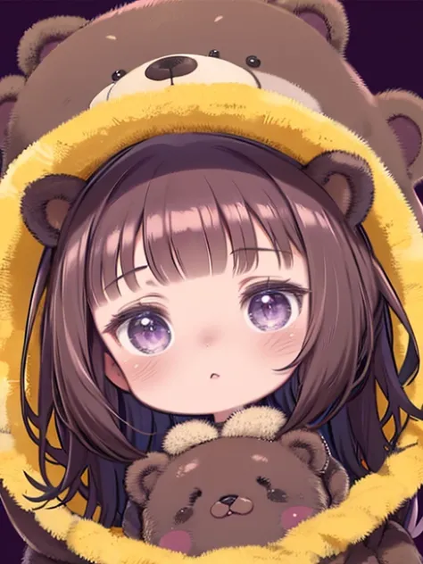 bangs bangs、bangs、Wide, expressive bangs、Long brown hair、Wearing a dark brown bear hood、Long brown hair Chibi Character、Wearing a dark brown bear ear hooded blanket、Purple eyes、Purple betta background、Chibi Character、Holding a teddy bear、Bear face hood,Bea...