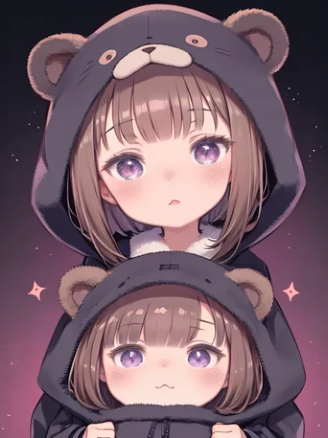 bangs bangs、bangs、Wide, expressive bangs、Long brown hair、Wearing a dark brown bear hood、Long brown hair Chibi Character、Wearing a dark brown bear ear hooded blanket、Purple eyes、Purple betta background、Chibi Character、Holding a teddy bear、Bear face hood,Bea...