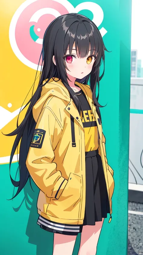 A girl, Yellow Jacket, Hands in pockets, Staring at others, Long black hair, Heterochromia, Heterochromia, Heterochromia孔, 8k resolution, Very detailed, Anatomically accurate, Digital Painting, Concept Art, Shinkai Makoto style, Clear pictures,  