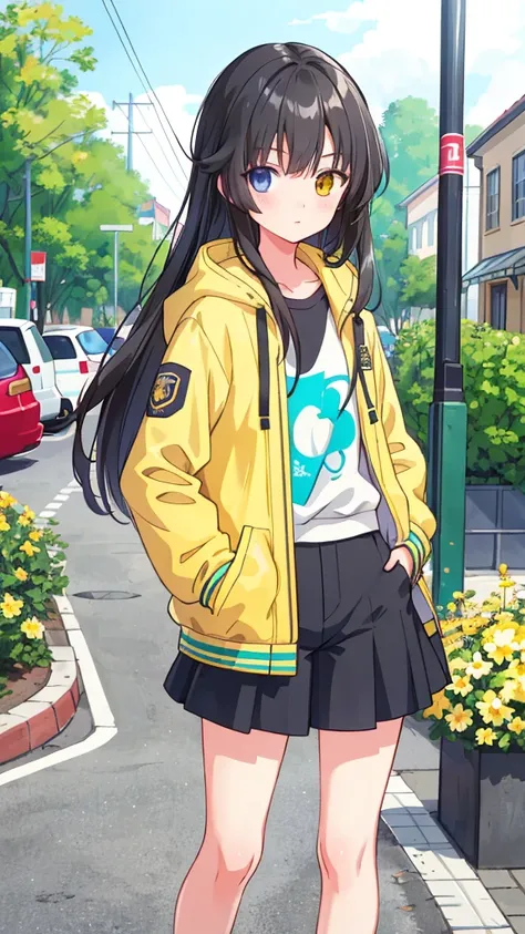 a girl, yellow jacket, hands in pockets, staring at others, long black hair, heterochromia, heterochromia, heterochromia孔, 8k re...