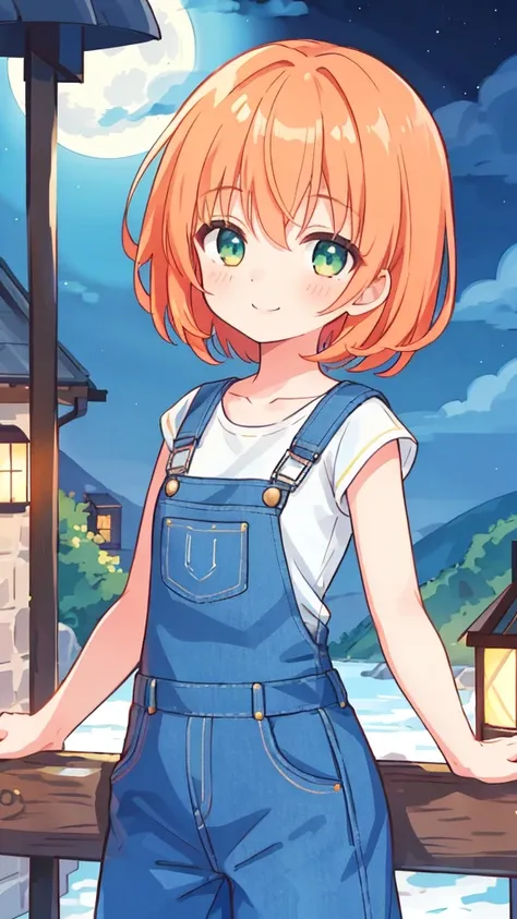 1 girl, sxfrances, short hair, orange hair, green eyes, freckle, smile, red overalls, blue shirt, roll up your sleeves, mountain...