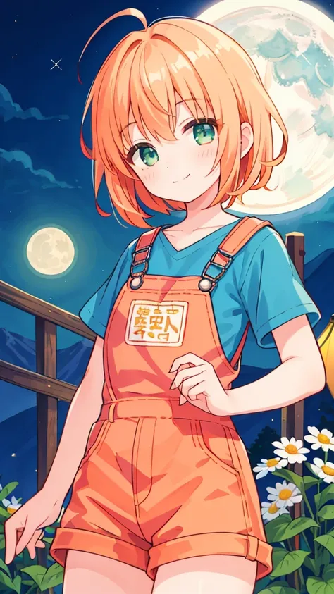 1 Girl, sxfrances, Short hair, Orange Hair, Green eyes, freckle, Smile, Red overalls, Blue Shirt, Roll up your sleeves, Mountain, moon, (night:1.5), Looking at the audience 