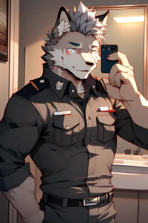 a top body picture and right side picture of a super muscular furry style gray wolf. he is wearing a brown police outfit uniform...