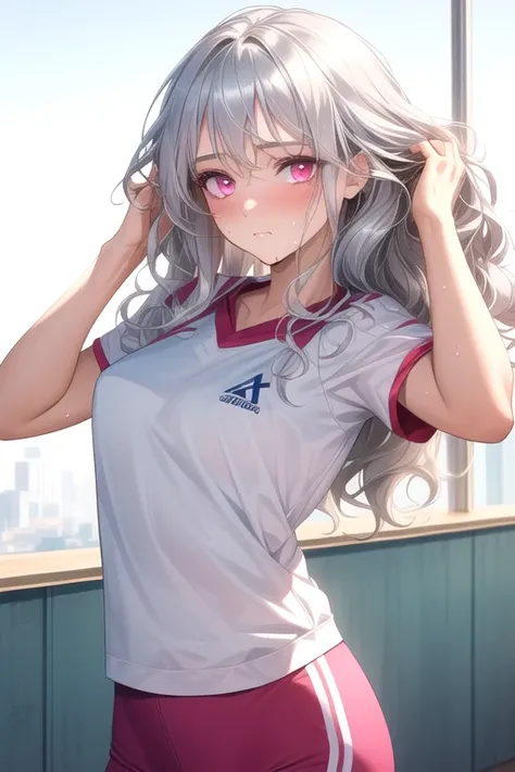 ((The best quality)), ((masterpiece)), (DETAILED),(4k) 1 girl, ((sportswear)), ((adjusted)), ((wavy hair)), ((silver hair)), ((Beautiful hair)), ((pink eyes)), (sweating), (1 ), ((looking at the viewer)), ((front view)), ((hands in her hair)) 