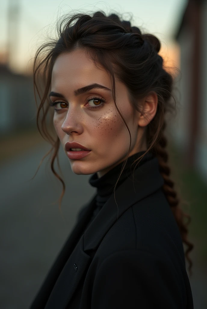 image suggestion: woman, 2, amber eyes, very thick and striking lips, upturned nose, black lipstick, freckles, square face Monique alice bourscheid, braid on top of her hair light brown hair, elegant outfit long sweatshirt blazer skirt, 7 oclock at night w...