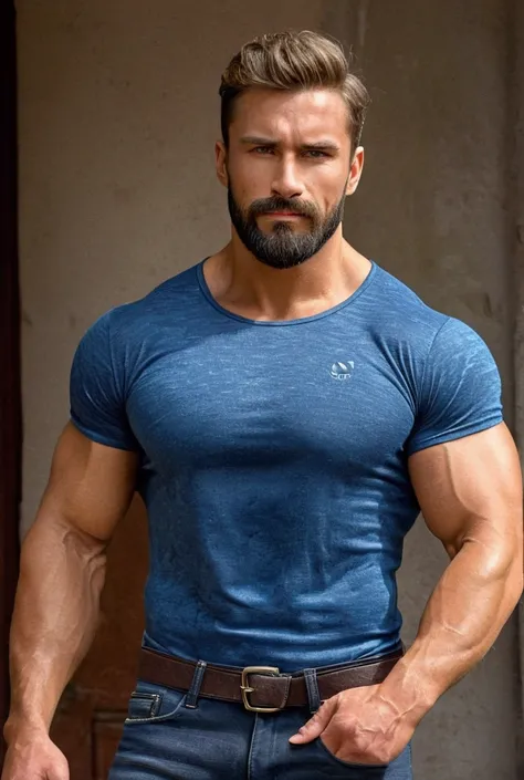 Realistic, HD wallpaper, 4k handsome elegant and muscular german man )(hairy body) strong and muscular legs tight jeans, Spectacular two-tone t-shirt , Perfect face,  super muscular , very muscular, bodybuilder , perfect hands, stylish short beard, hairy b...