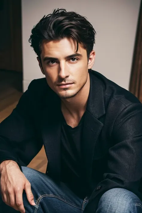 A close-up of a man in a black shirt and coat, Promotional portrait, Handsome man, short hair, Caucasian man, Handsome man, short hair negro, Handsome man, inspired by orlando bloom, Photo session, attractive man, official photos, High quality portrait, a ...