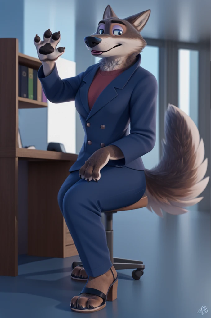 emilia (zootopia), wolf, gray fur, (brown body:1.3), blue eyes, zootopia, makeup,lipstick, dressed, blue blazer,red shirt,blue l...