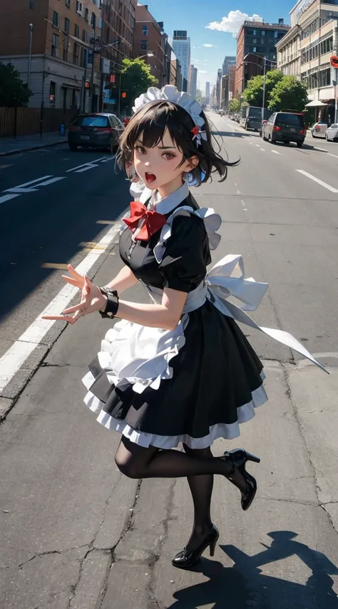 1girl, solo, anime style, kawaii, perfect illustration, maid outfit, black dress, white frilly apron, maid headdress, short black hair, red eyes, angry expression, gritting teeth, dynamic pose, jumping, holding lollipop, urban background, graffiti wall, bl...