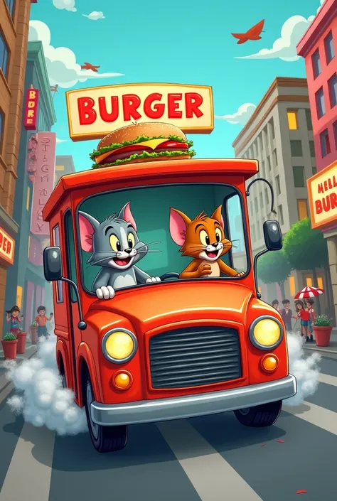 tom and jerry are both driving a burger truck delivering hamburgers in 2d