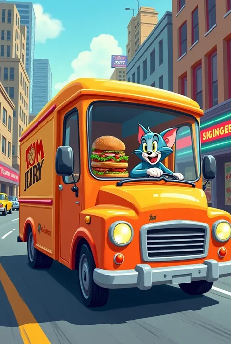 tom and jerry are both driving a burger truck delivering hamburgers to fast food restaurants in 2d