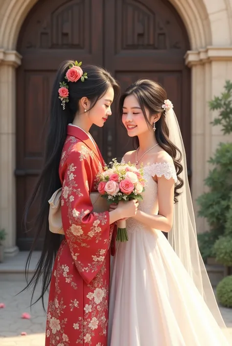 Older sister and younger sister、younger sister is wearing a white wedding dress, elder sister is wearing a red floral furisode kimono, An elder sister is giving a bouquet to her younger sister, wedding ceremony, In front of the chapel, taking Selfie with i...